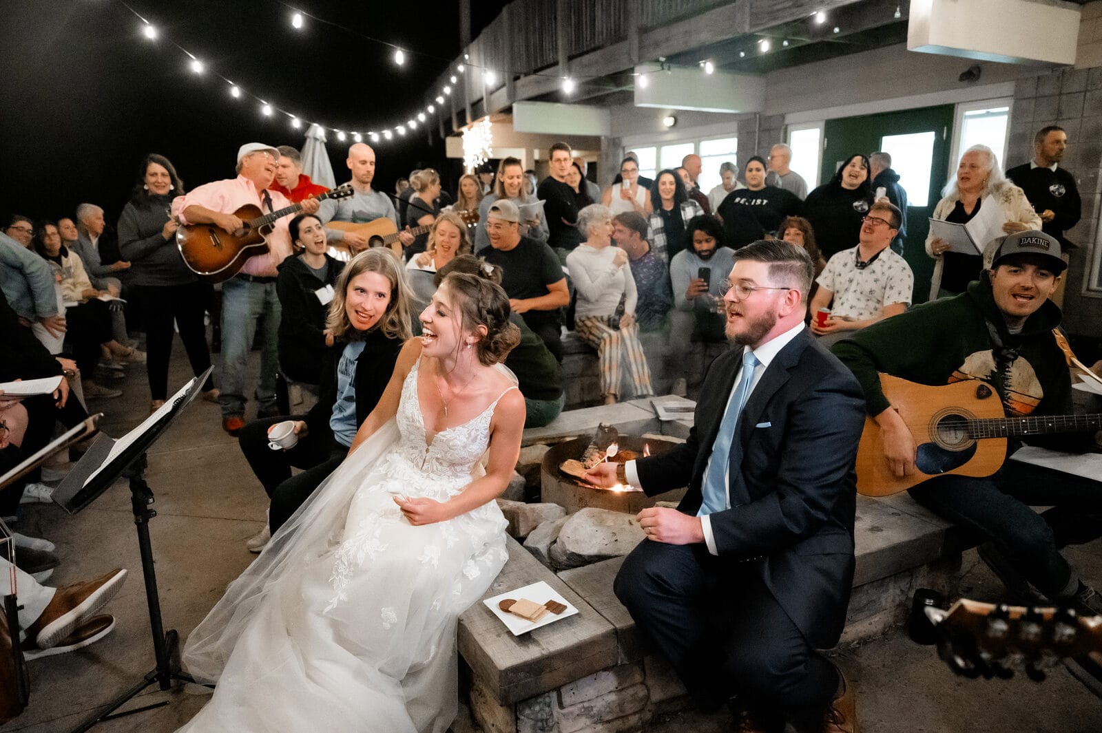 Guests taking part in a wedding weekend welcome party